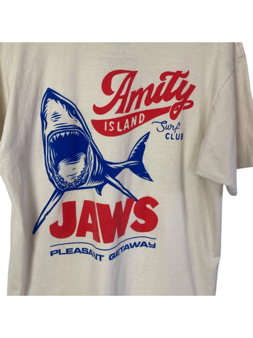 Jaws x Pleasant Getaway Graphic T Shirt Mens Large Amity Island Surf Club Beige - Picture 7 of 7